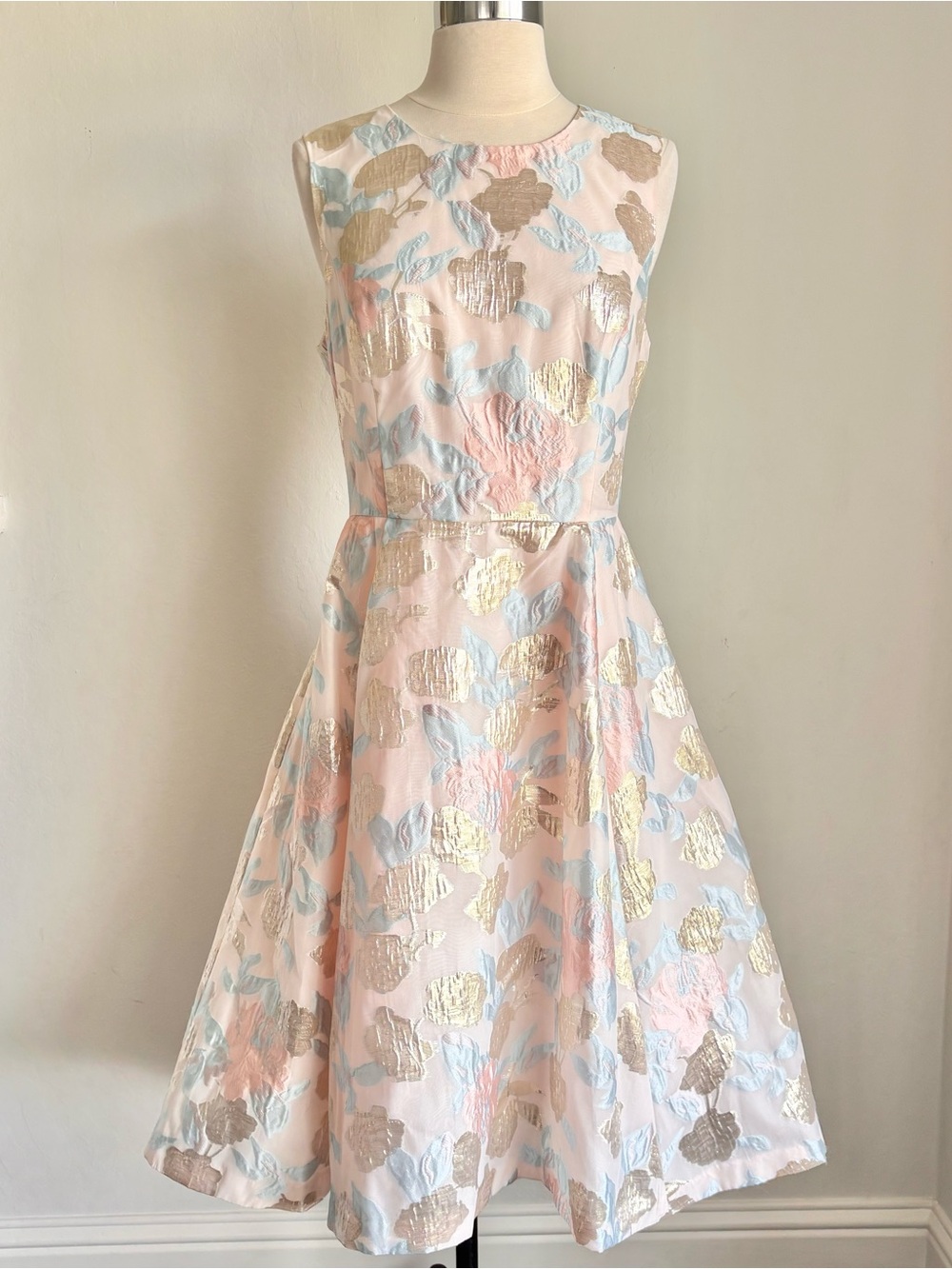 Calvin Klein Metallic Jacquard Sleeveless Fit & Flare Dress, Blush Blue, Sz 12